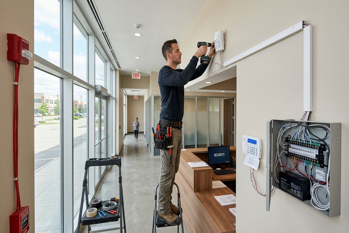 Commercial alarm system installation being performed by a UnifiedLink low-voltage technician