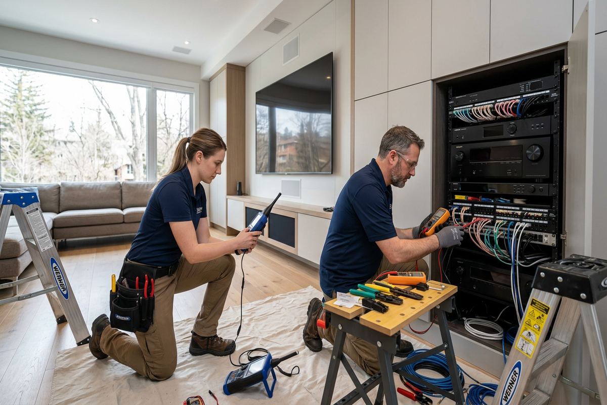 Acoustic troubleshooting being performed by a UnifiedLink low-voltage technician