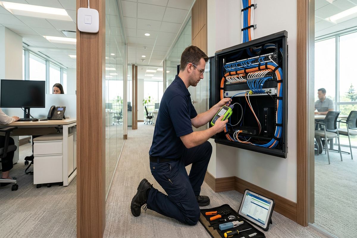 Internet performance troubleshooting being performed by a UnifiedLink low-voltage technician