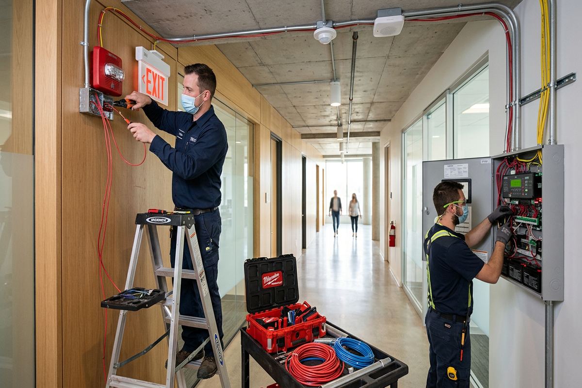 Siren and strobe installation being performed by a UnifiedLink low-voltage technician