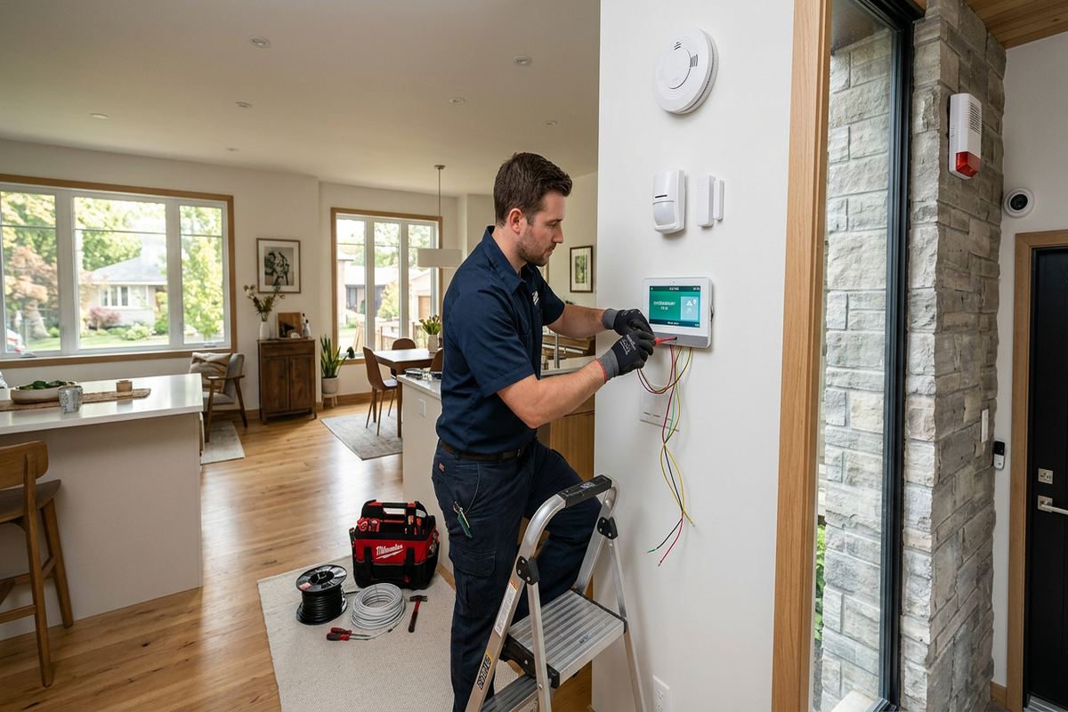 Self-monitored alarm setup being performed by a UnifiedLink low-voltage technician
