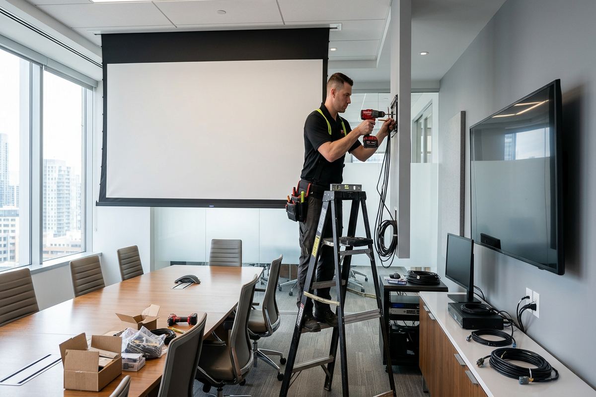 Projector screen installation being performed by a UnifiedLink low-voltage technician