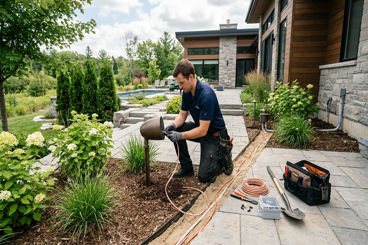 Landscape speaker installation being performed by a UnifiedLink low-voltage technician