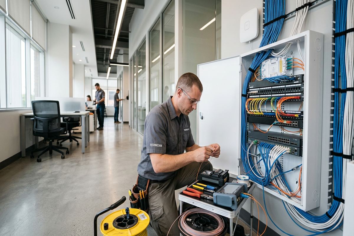 Fibre optic cabling installation being performed by a UnifiedLink low-voltage technician