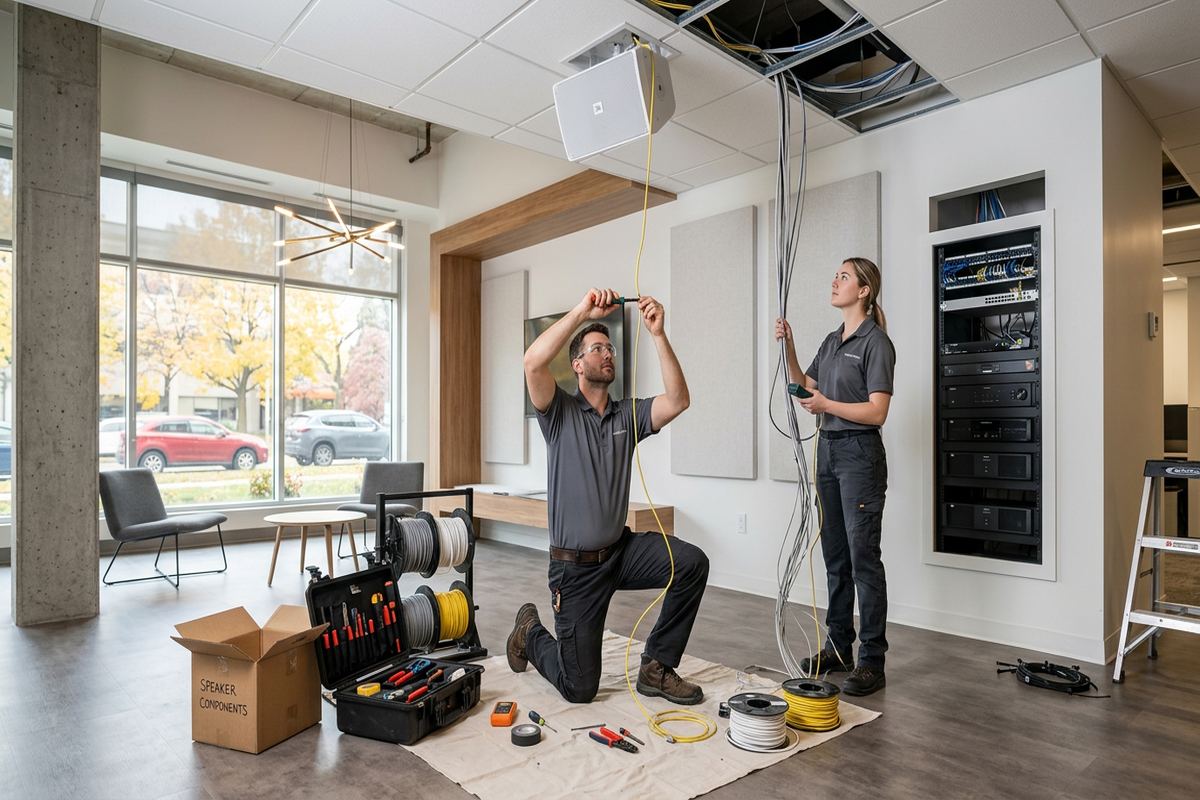 Audio system maintenance and repair being performed by a UnifiedLink low-voltage technician