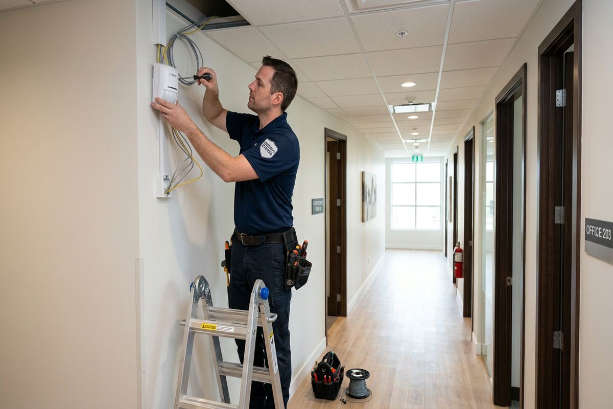 Motion detector installation being performed by a UnifiedLink low-voltage technician