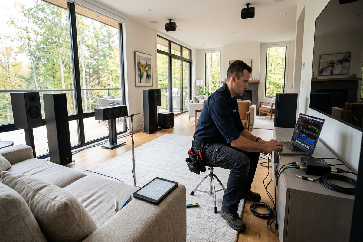 Audio system calibration being performed by a UnifiedLink low-voltage technician