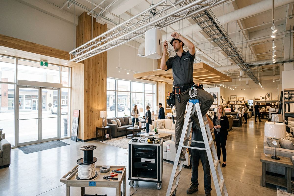 Retail background music systems being performed by a UnifiedLink low-voltage technician