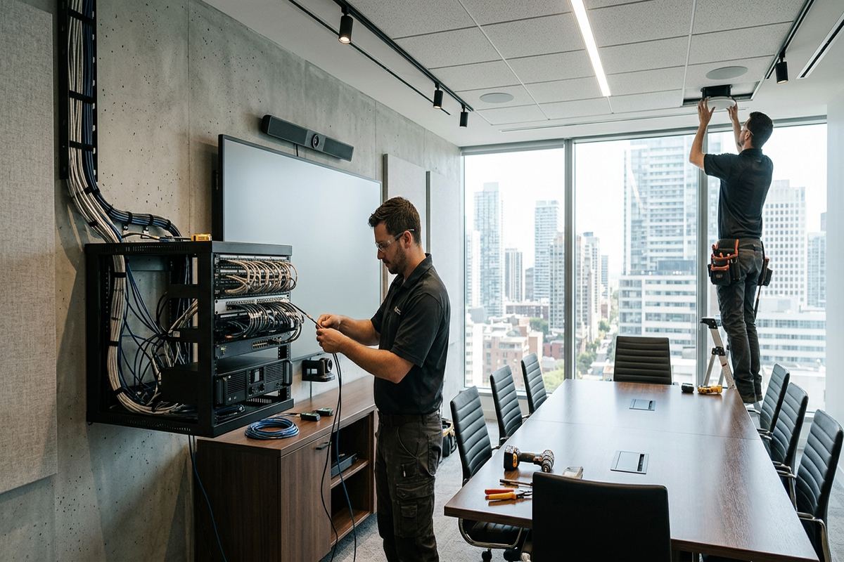 Conference room audio being performed by a UnifiedLink low-voltage technician