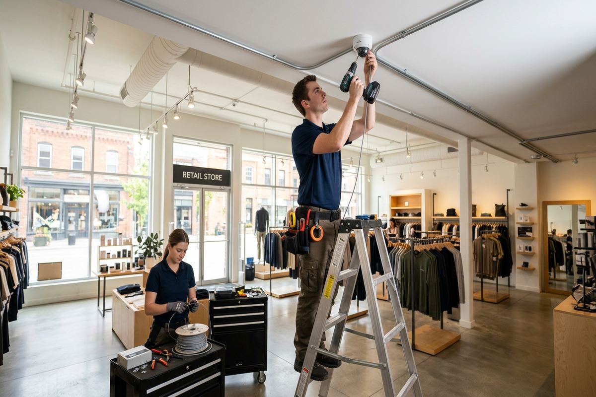 Retail camera installation being performed by a UnifiedLink low-voltage technician