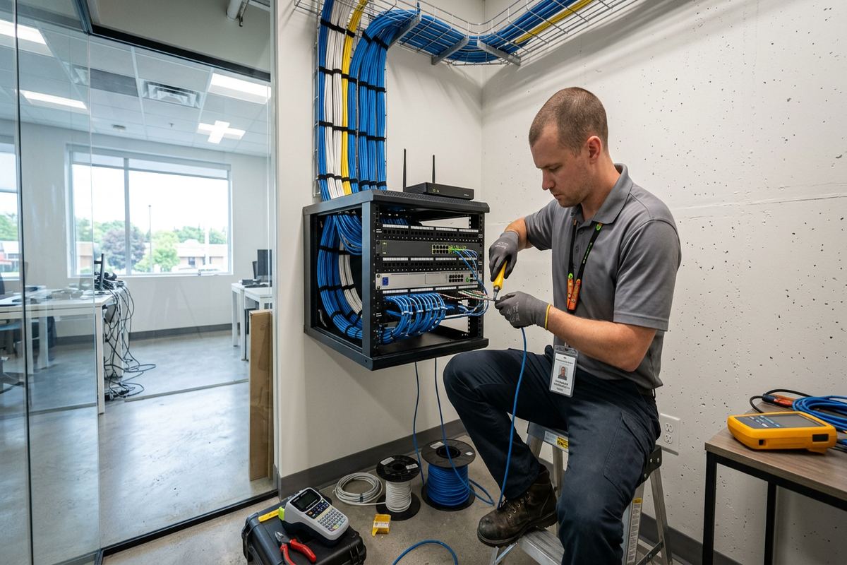 Patch panel installation being performed by a UnifiedLink low-voltage technician