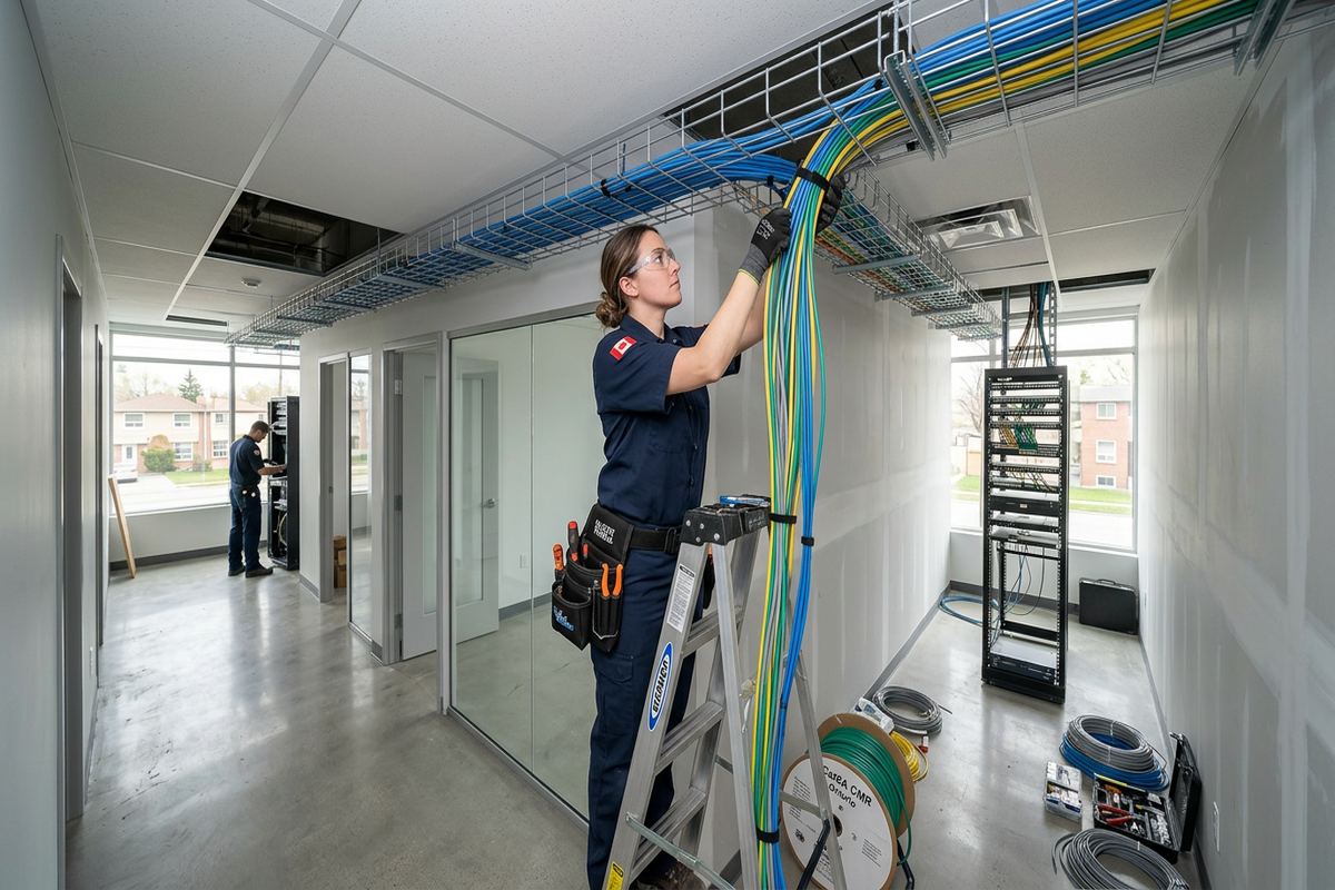 Low-voltage cabling installation being performed by a UnifiedLink low-voltage technician