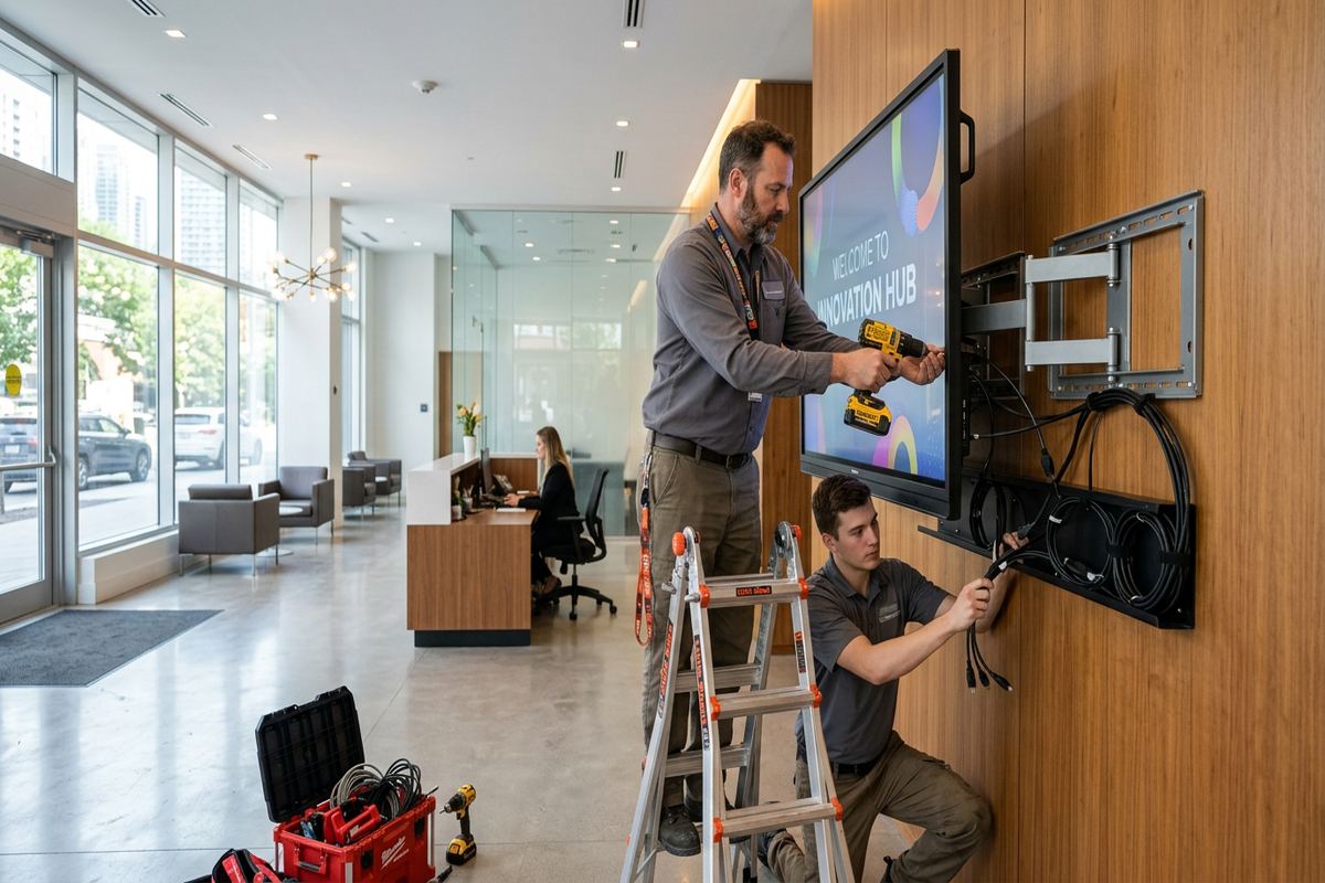 Touchscreen display installation being performed by a UnifiedLink low-voltage technician