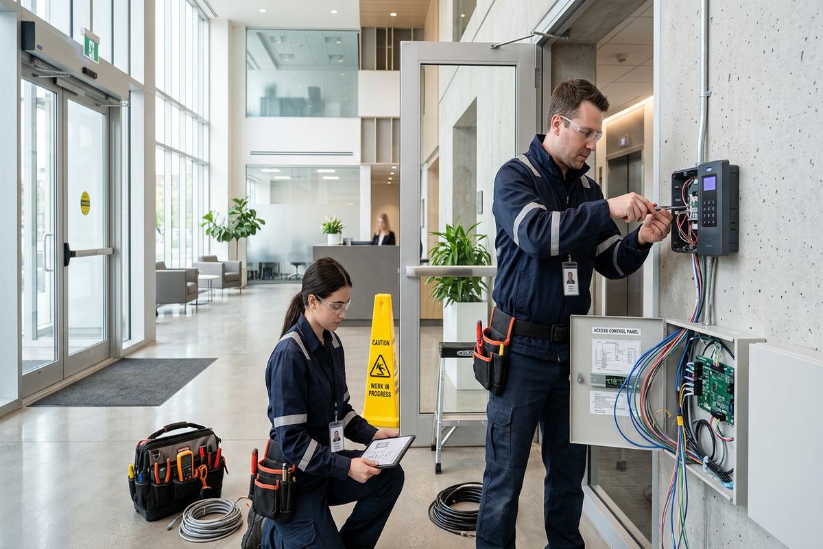 Access control maintenance being performed by a UnifiedLink low-voltage technician