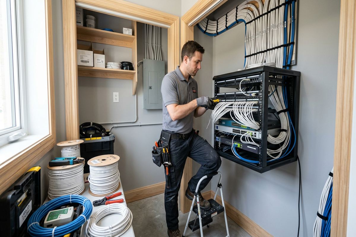 Network rack installation being performed by a UnifiedLink low-voltage technician