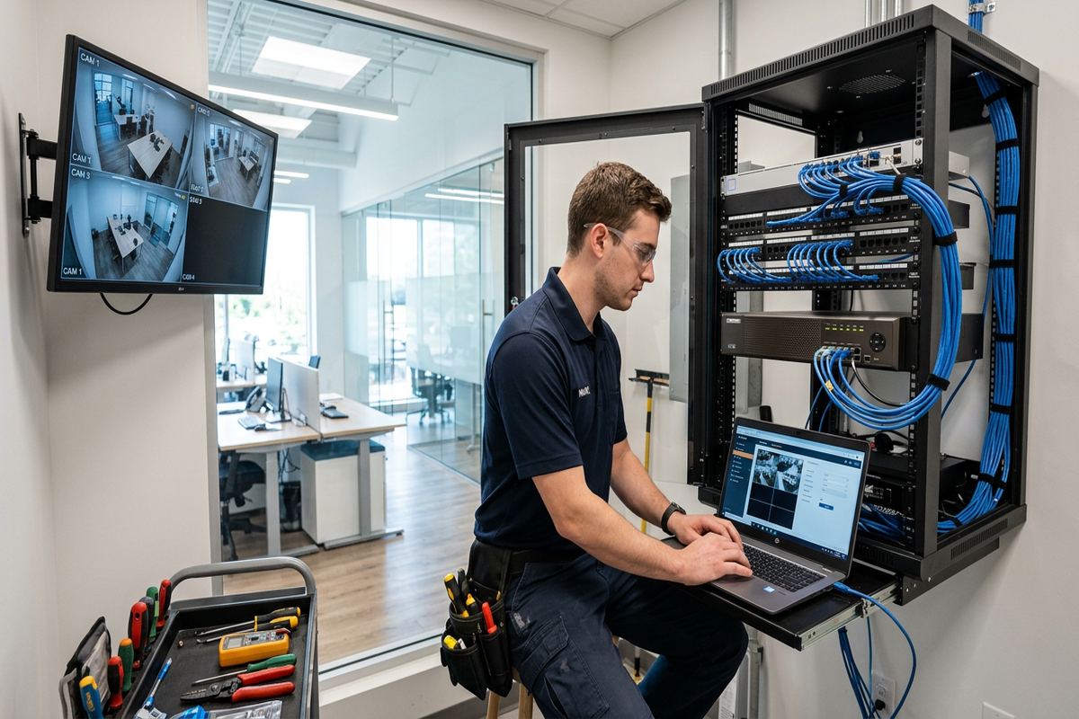 NVR installation and configuration being performed by a UnifiedLink low-voltage technician