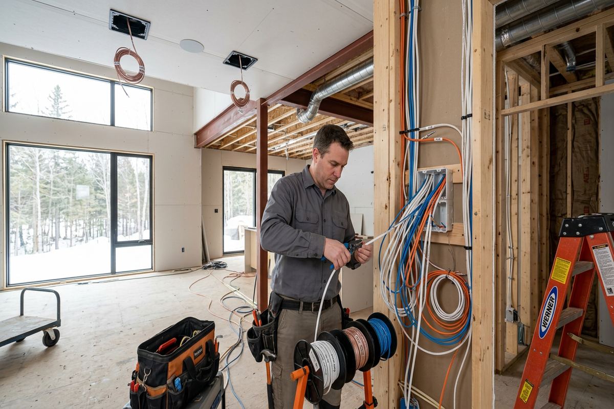 Speaker wiring and pre-wiring being performed by a UnifiedLink low-voltage technician