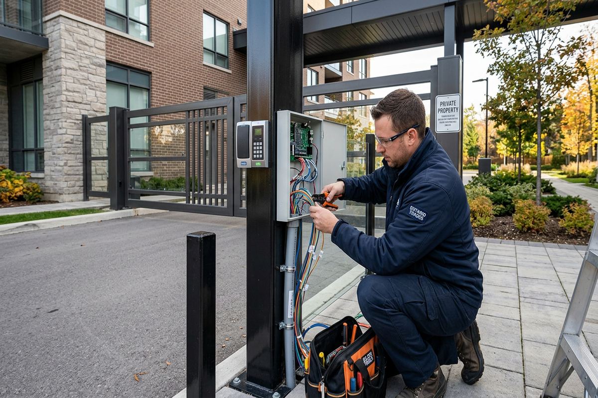 Gate access control integration being performed by a UnifiedLink low-voltage technician