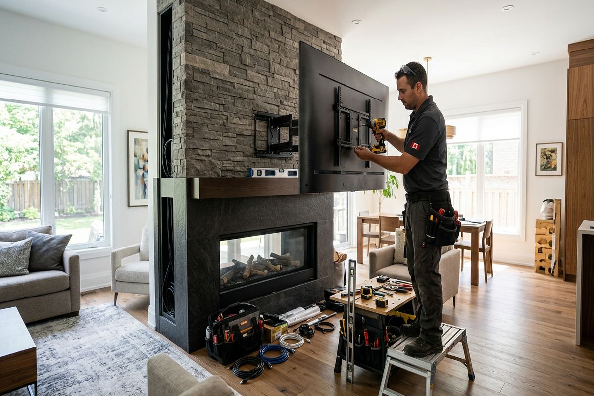 Fireplace TV mounting being performed by a UnifiedLink low-voltage technician