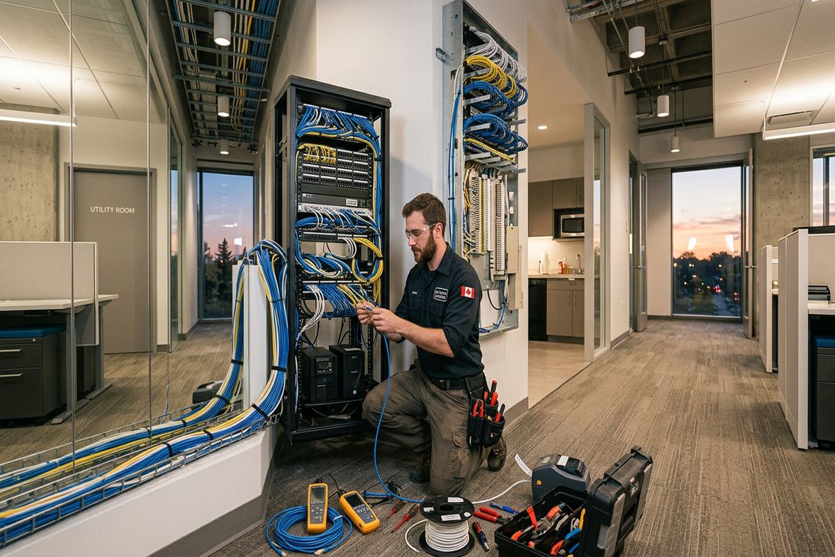 After-hours low-voltage service being performed by a UnifiedLink low-voltage technician