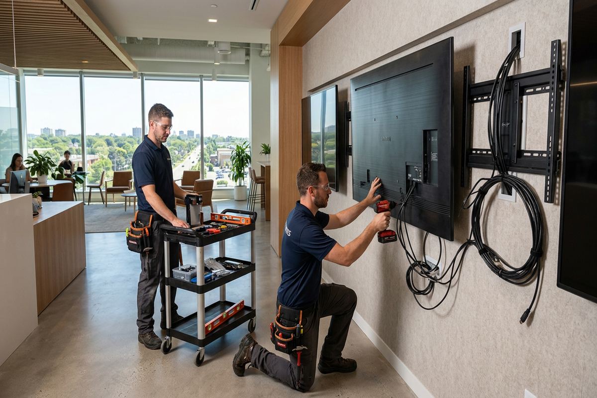 Commercial display installation being performed by a UnifiedLink low-voltage technician