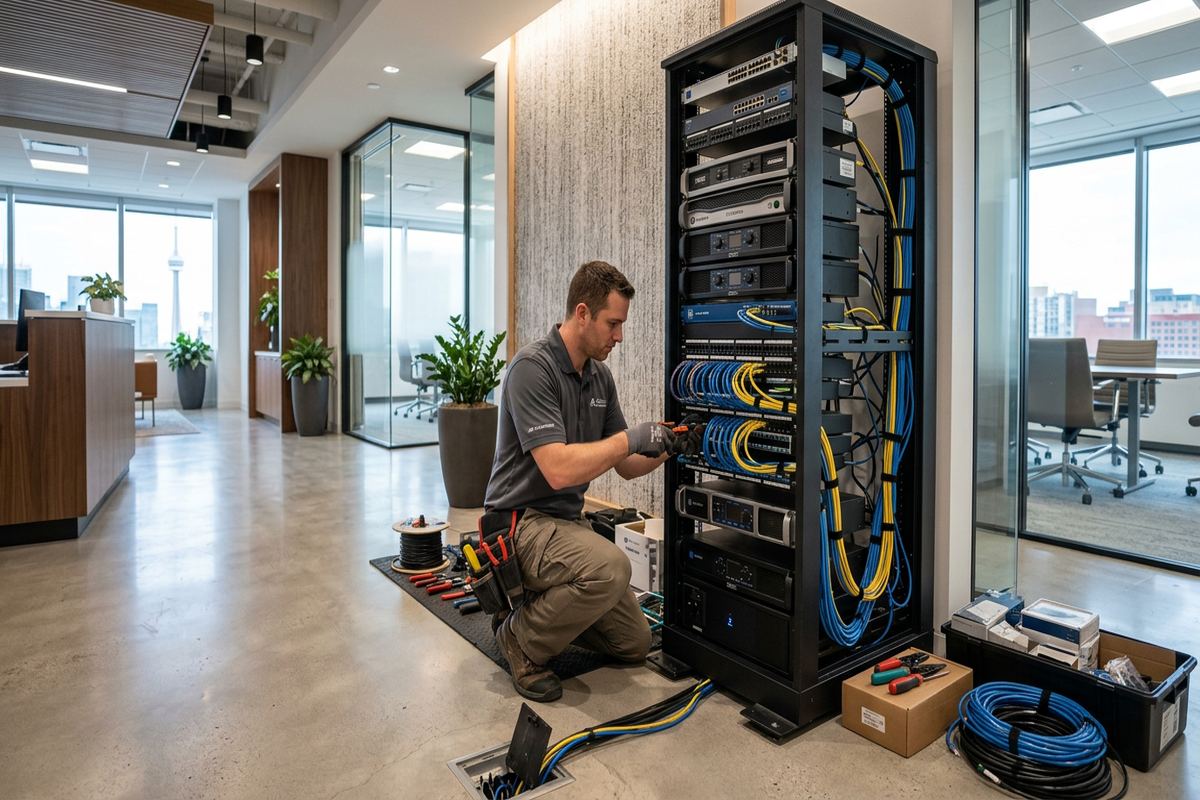 Audio rack installation being performed by a UnifiedLink low-voltage technician
