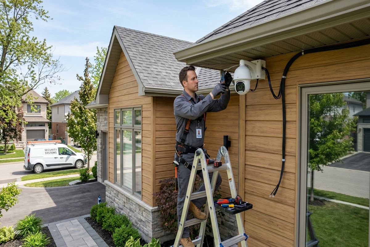4K security camera installation being performed by a UnifiedLink low-voltage technician