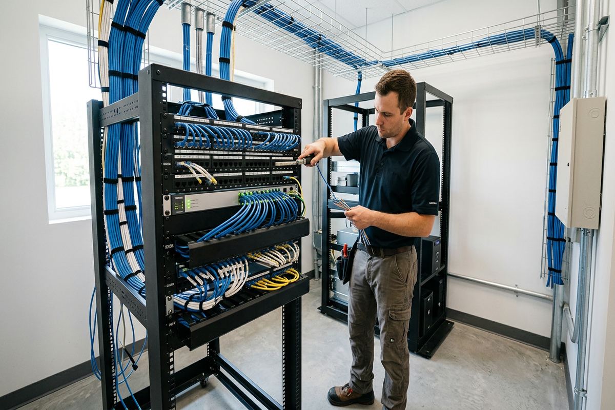 PoE switch installation being performed by a UnifiedLink low-voltage technician