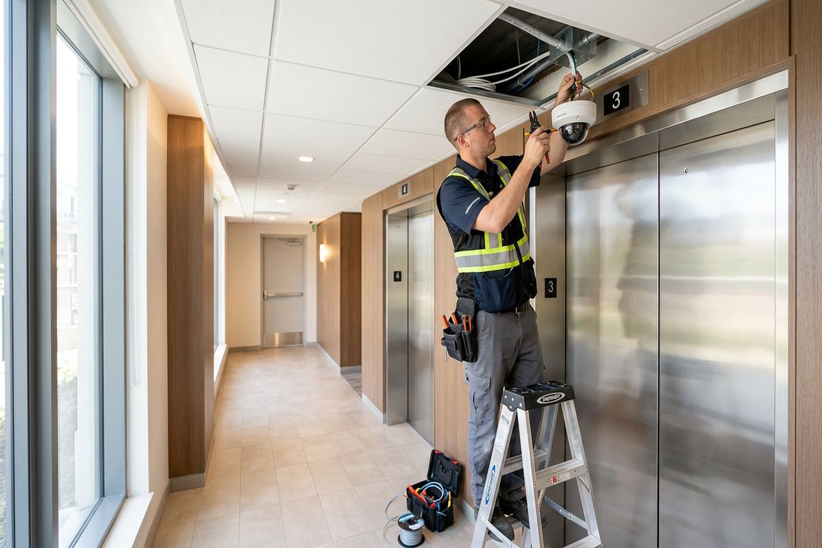 Elevator camera installation being performed by a UnifiedLink low-voltage technician