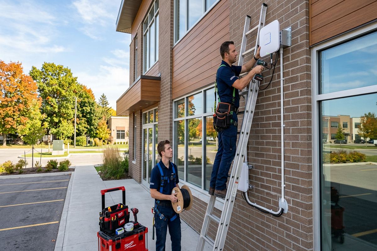 Outdoor Wi-Fi installation being performed by a UnifiedLink low-voltage technician
