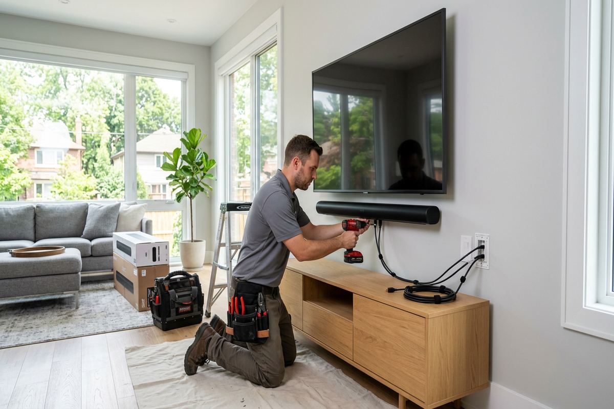 Soundbar installation being performed by a UnifiedLink low-voltage technician