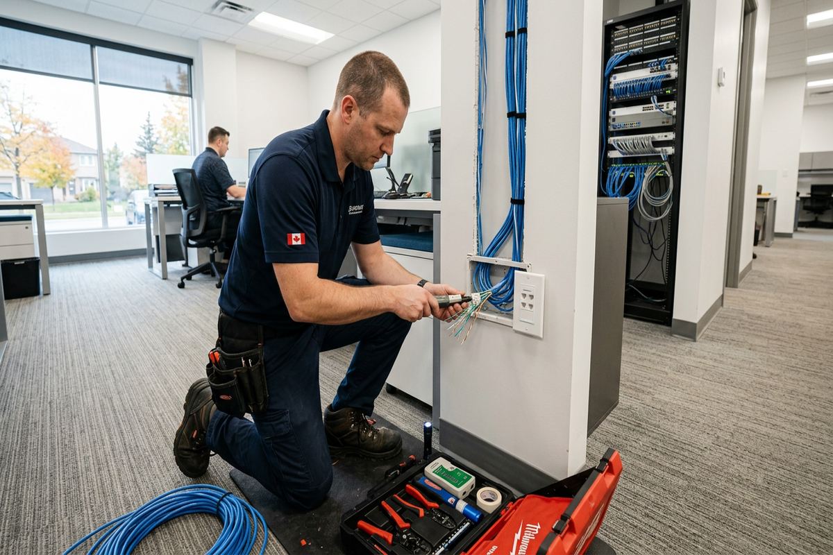 Network jack installation being performed by a UnifiedLink low-voltage technician
