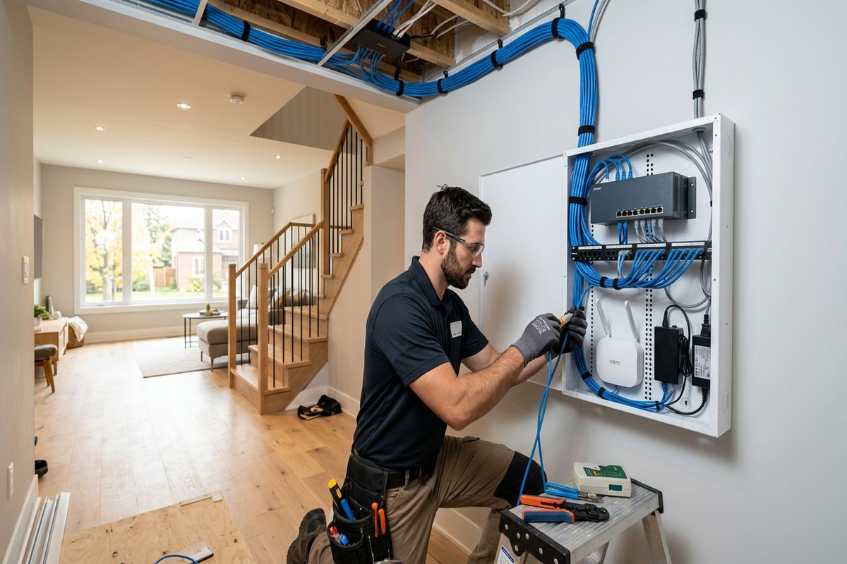Home network installation being performed by a UnifiedLink low-voltage technician