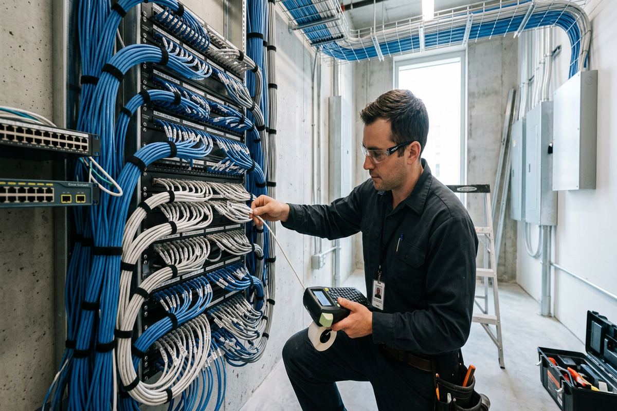 Low-voltage cable labelling being performed by a UnifiedLink low-voltage technician
