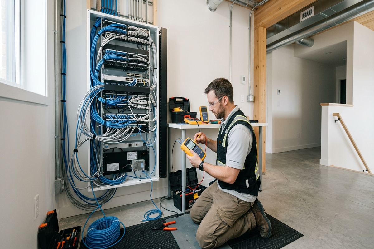Low-voltage troubleshooting being performed by a UnifiedLink low-voltage technician