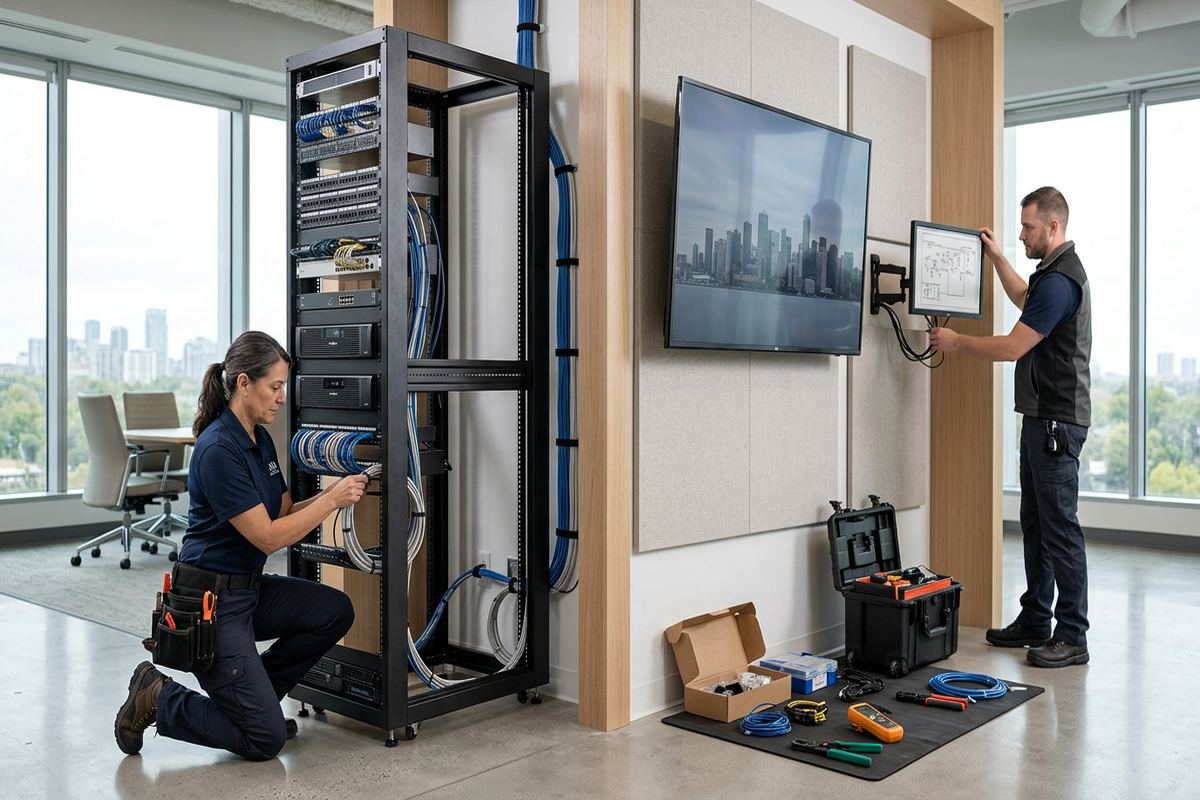 Equipment rack and cabinet installation being performed by a UnifiedLink low-voltage technician