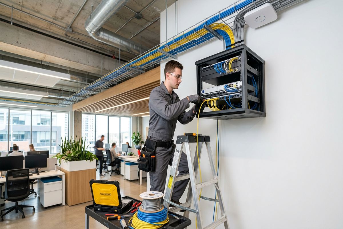 Wi-Fi installation being performed by a UnifiedLink low-voltage technician