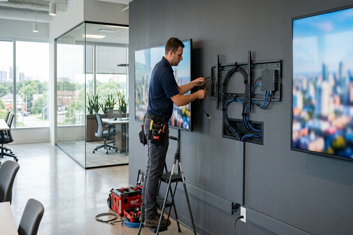Digital signage media player setup being performed by a UnifiedLink low-voltage technician