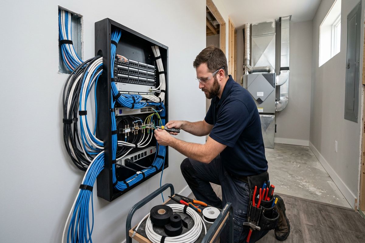 Structured media panel installation being performed by a UnifiedLink low-voltage technician