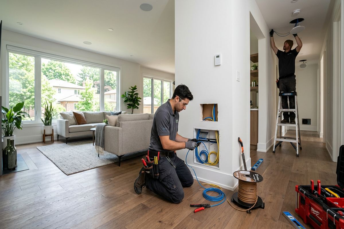 Multi-room audio installation being performed by a UnifiedLink low-voltage technician