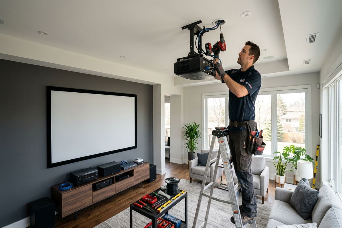Projector installation being performed by a UnifiedLink low-voltage technician