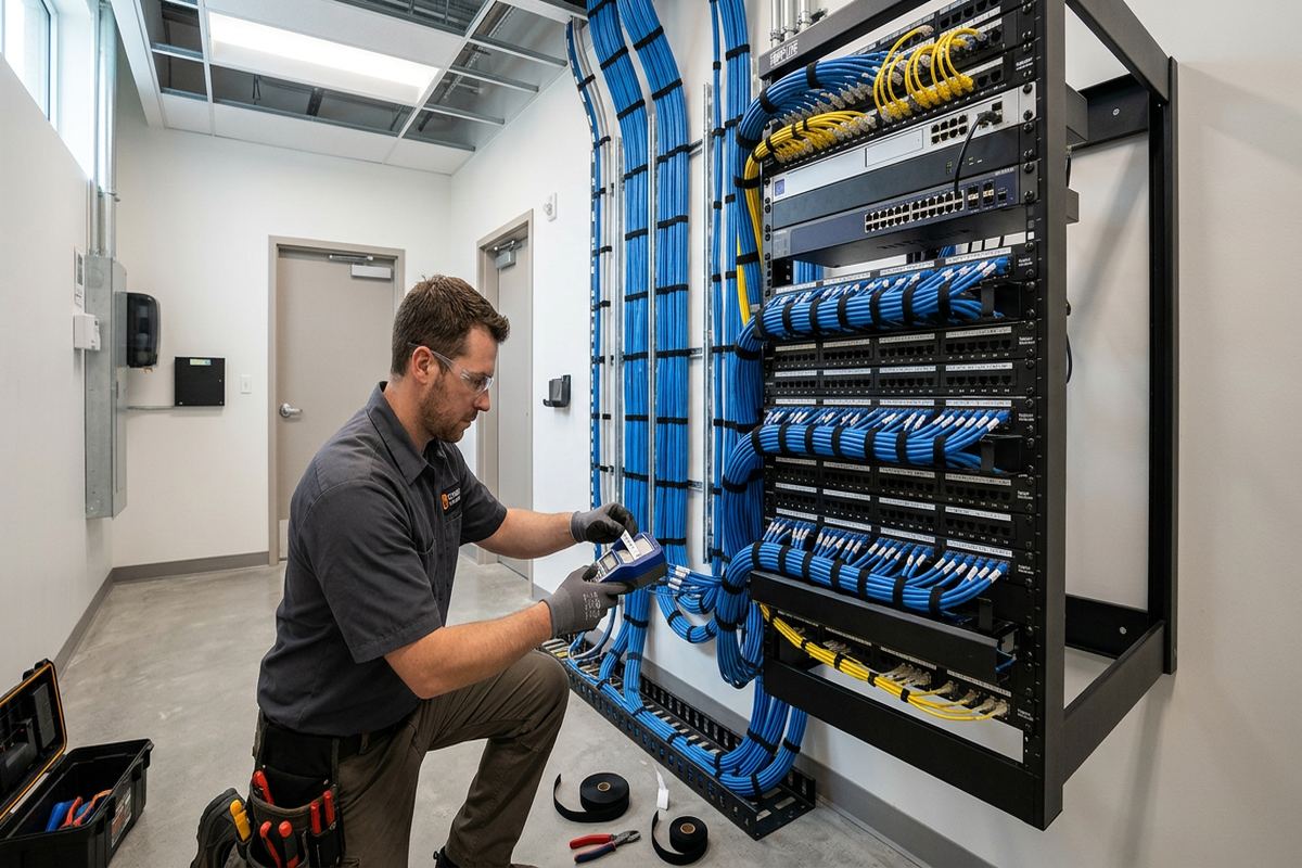 Cable management and labelling being performed by a UnifiedLink low-voltage technician