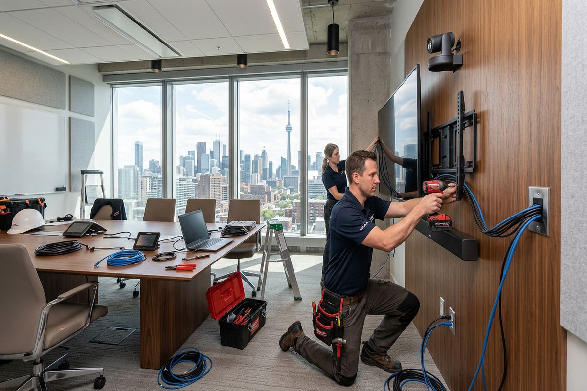 Boardroom display installation being performed by a UnifiedLink low-voltage technician