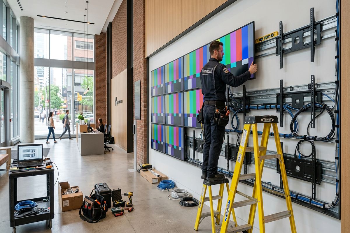 Video wall installation being performed by a UnifiedLink low-voltage technician