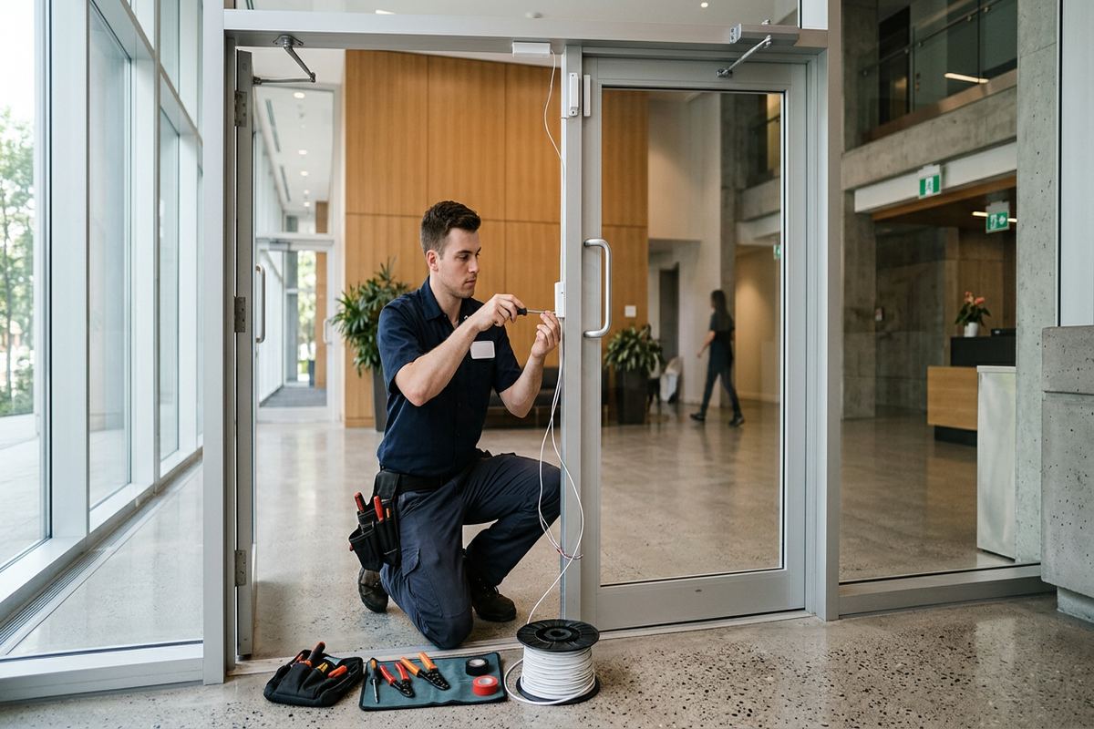Door position sensor installation being performed by a UnifiedLink low-voltage technician