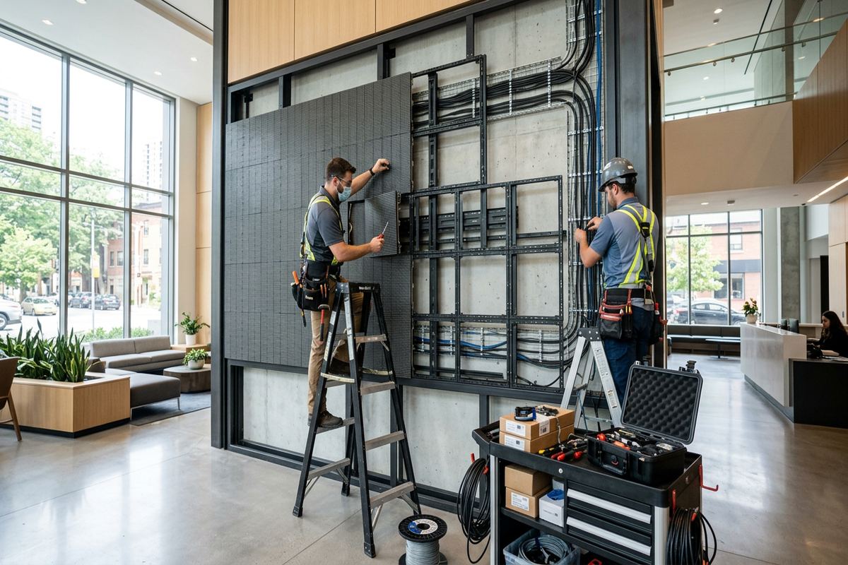 LED display installation being performed by a UnifiedLink low-voltage technician