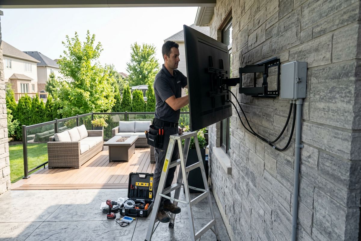 Outdoor TV installation being performed by a UnifiedLink low-voltage technician