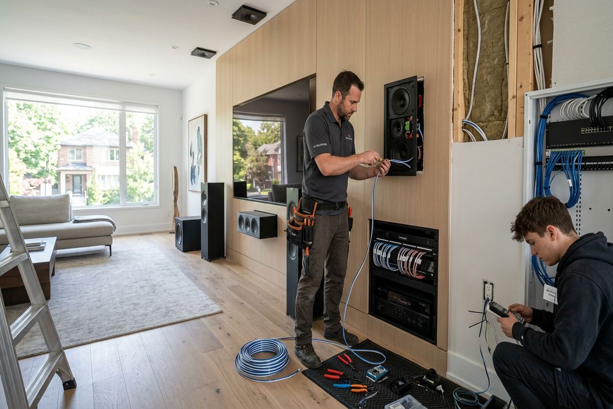 Surround sound installation being performed by a UnifiedLink low-voltage technician