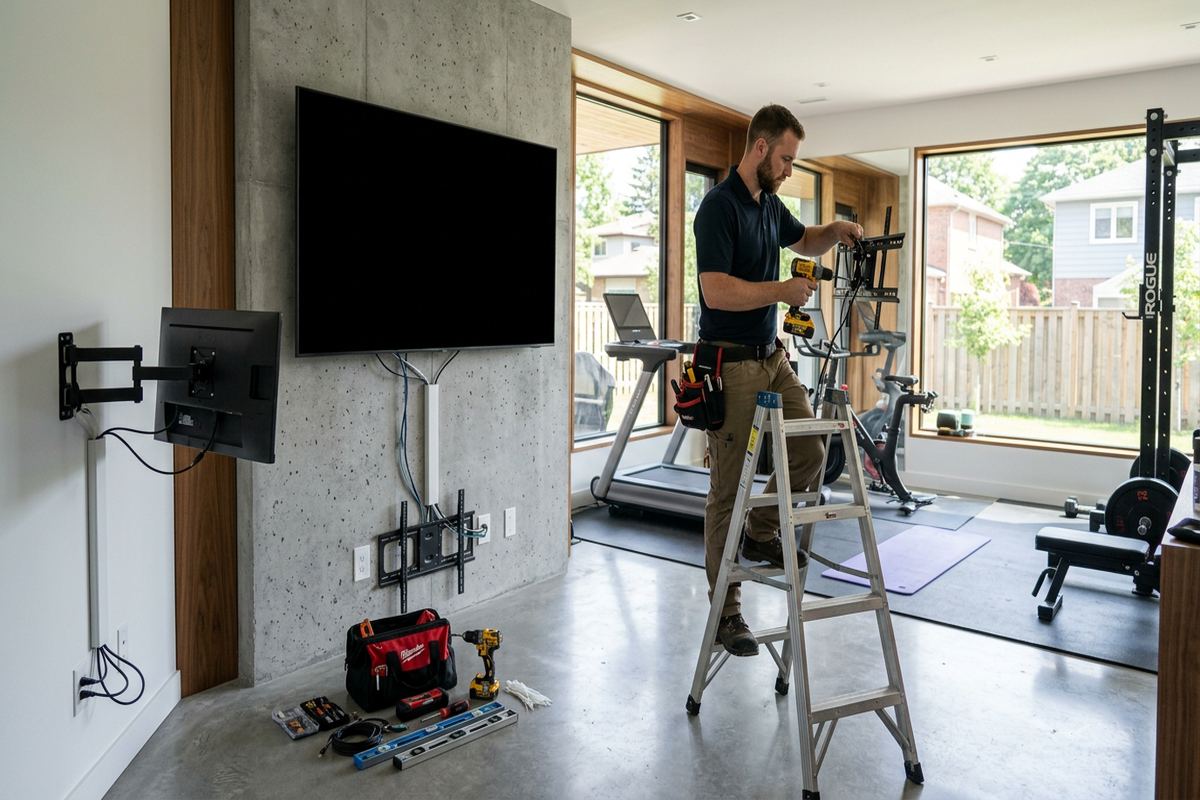 Gym display installation being performed by a UnifiedLink low-voltage technician