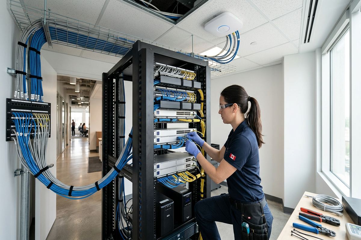 Managed network switch installation being performed by a UnifiedLink low-voltage technician
